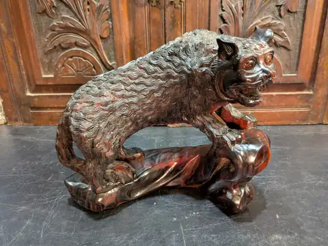 Antique Japanese Hand-Carved Boxwood Wild Cat Sculpture on Root Base – c.1890